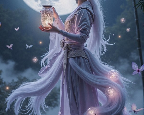 Mystical figure under full moon with glowing lantern