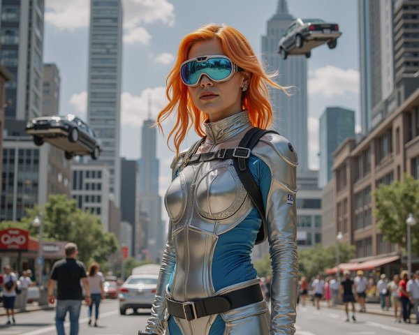 Futuristic superhero in urban street with skyscrapers