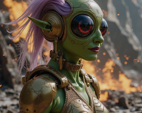 Futuristic character with green skin and metallic goggles