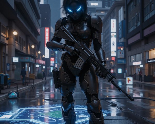 Futuristic Armored Figure in Cyberpunk Urban Setting