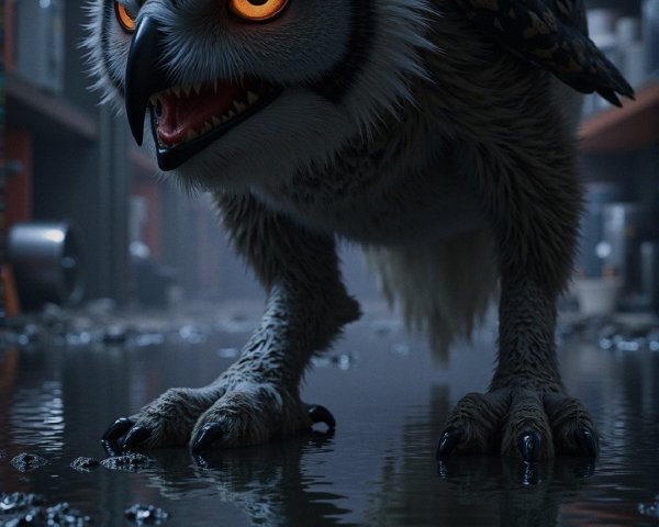 Anthropomorphic owl in a dimly lit warehouse setting