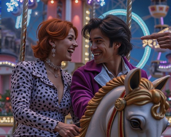Couple on a carousel in vibrant carnival lights