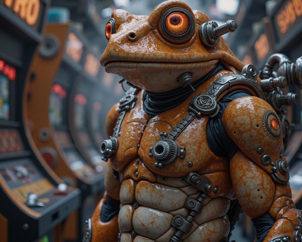 Futuristic Anthropomorphic Frog Character in Casino Setting