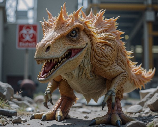 Prehistoric Dinosaur on Rocky Terrain with Industrial Background