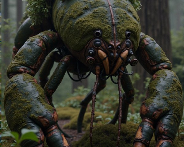 Moss-Covered Crab-Like Creature in Misty Forest