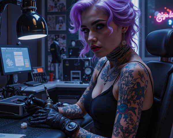 Tattoo Artist in Dimly Lit Studio with Neon Sign
