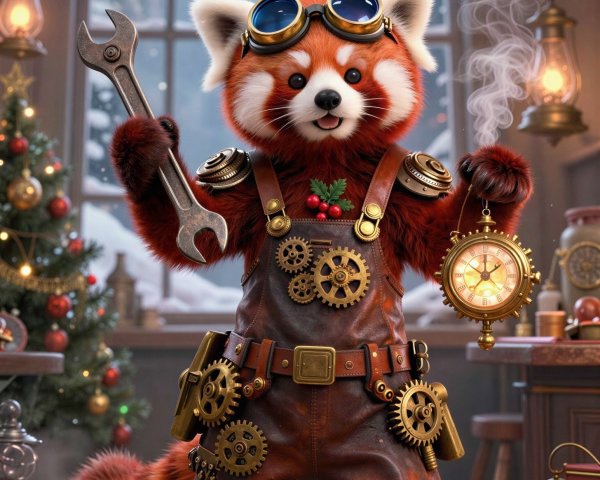 Red panda in steampunk overalls in festive workshop