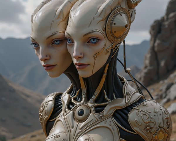Futuristic Humanoid Figure with Two Heads and Armor