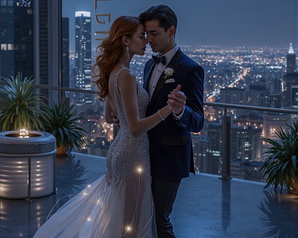 Couple Dancing in Sparkling Gown and Tuxedo at Night