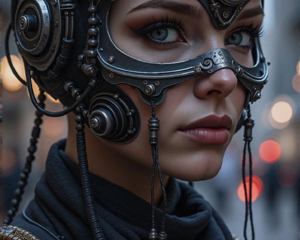 Woman in Steampunk Headgear with Blue Eyes
