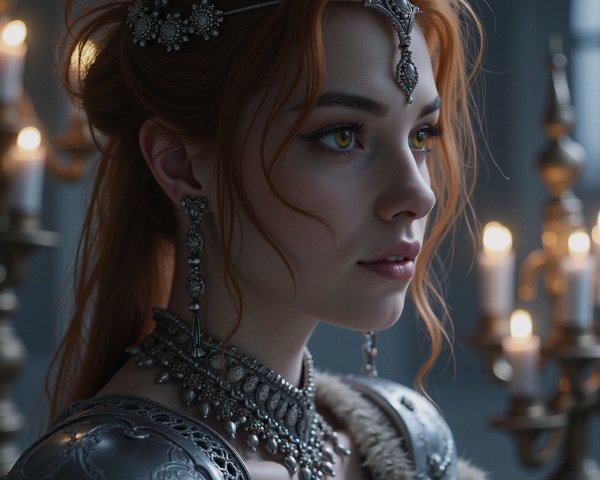 Young woman in silver armor with golden eyes
