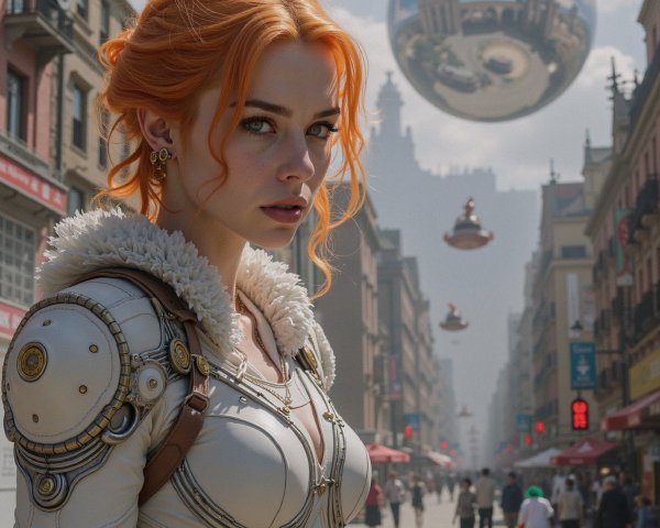 Futuristic Urban Scene with Vibrant Orange-Haired Woman