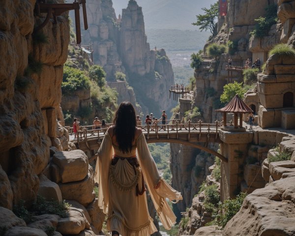 Serene valley with cliffs and a wooden bridge scene