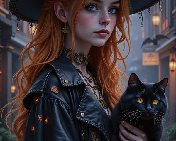 Young Woman in Misty Street with Pumpkins and Bats