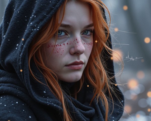 Young woman in hooded cloak in misty forest setting
