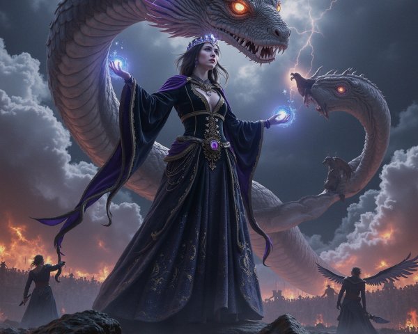 Sorceress with Magic Orbs and Serpentine Dragon