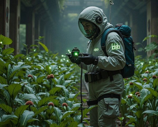 Misty Greenhouse with Suited Figure and Glowing Device