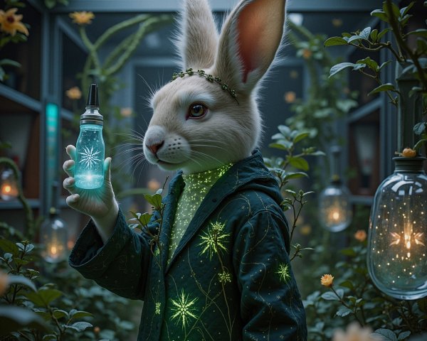 Whimsical Indoor Garden with Enchanted Rabbit Character