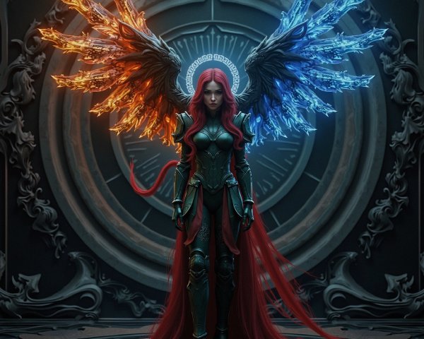 Fierce warrior in ornate armor with fiery wings