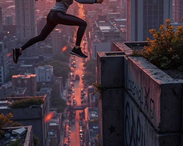 Female Figure Leaping Across Urban Skyline at Sunset