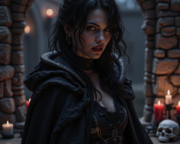 Mysterious Figure in Gothic Setting with Candles and Skull