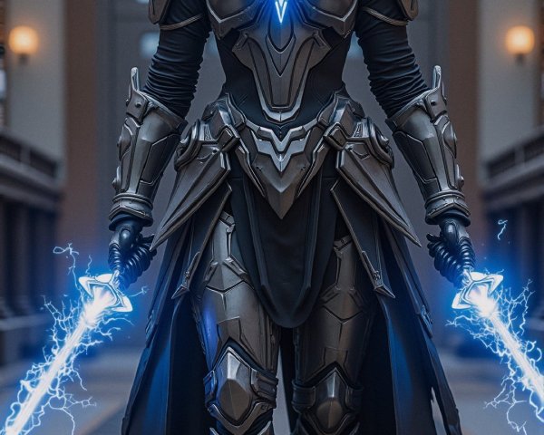 Armored Character in Grand Indoor Setting with Swords