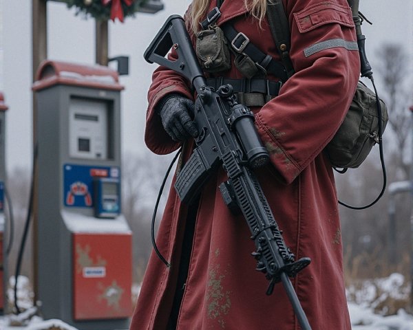 Survival Figure in Snowy Landscape with Festive Wreath
