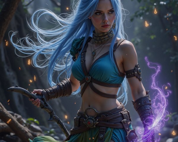 Character with Blue Hair in Enchanted Forest Setting