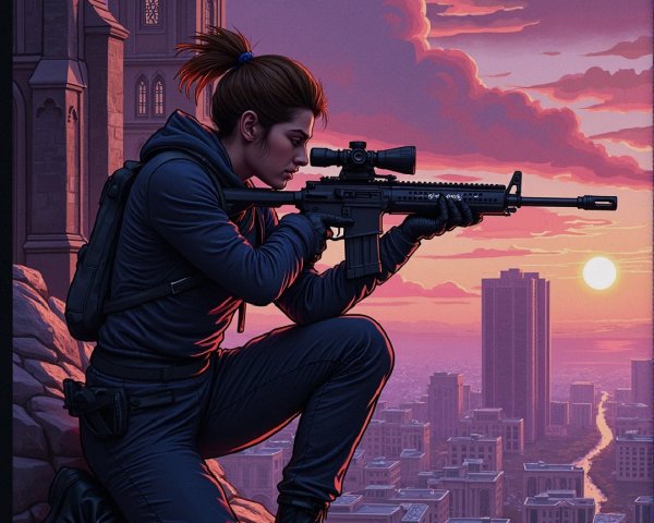 Female sniper aiming across urban landscape at sunset