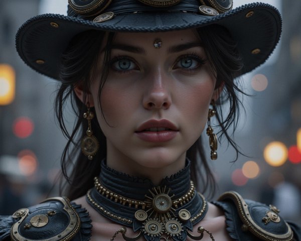 Portrait of a Woman in Steampunk Attire and Atmosphere