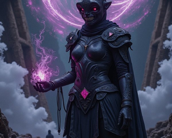 Sorceress in Armor with Dragon Silhouette in Foggy Realm