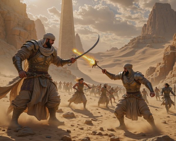 Warriors in Desert Sword Fight with Sandstone Backdrop