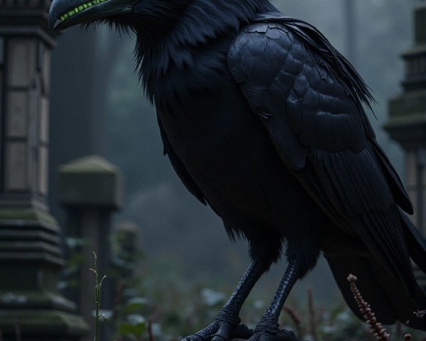 Black Raven in Foggy Graveyard with Ancient Tombstones