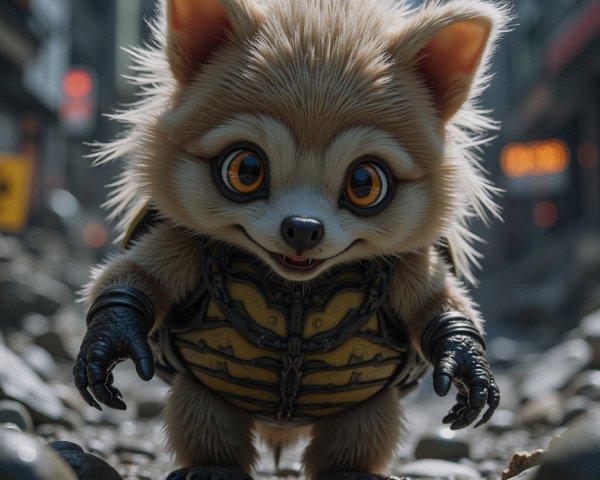 Anthropomorphic creature in urban landscape with armor
