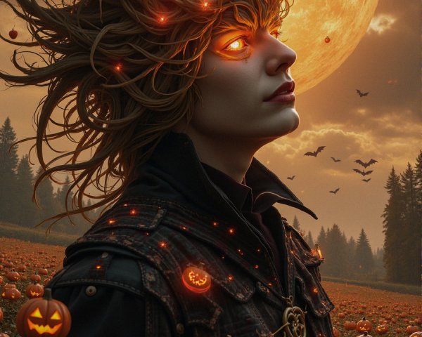 Mystical figure with glowing orbs in foggy pumpkin field