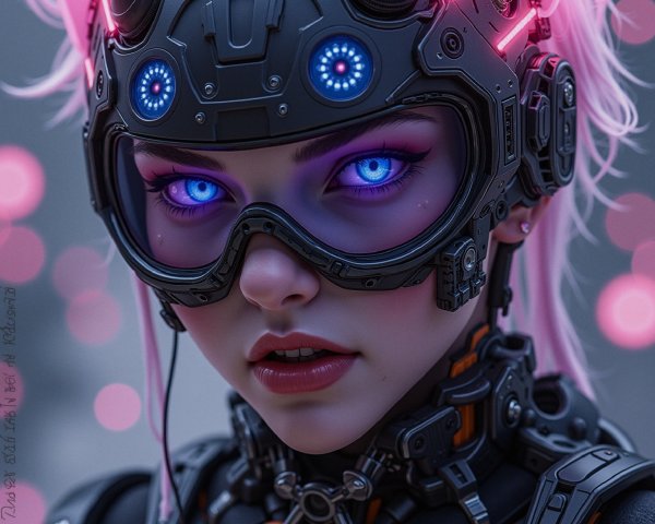 Futuristic female figure in cybernetic outfit with neon accents