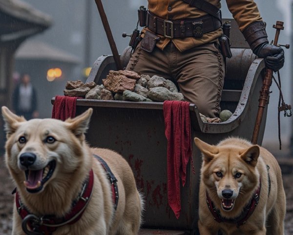 Bearded Figure in Vintage Military Outfit with Cart