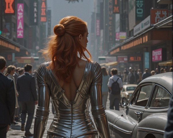 Futuristic Cityscape with Metallic Bodysuit and Skyscrapers
