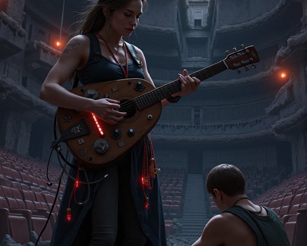 Desolate Theater Scene with Electric Guitar Performance