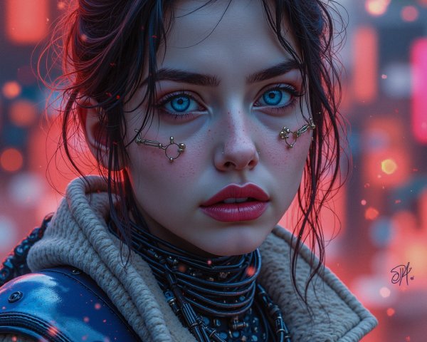 Portrait of a Young Woman with Blue Eyes and Freckles