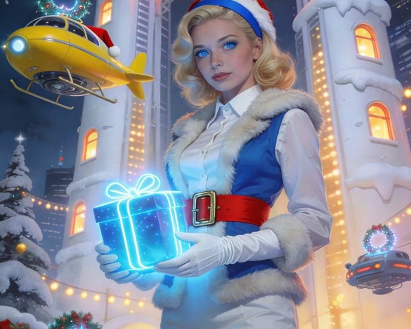 Cyberpunk Holiday Scene Featuring Woman with Gift Box