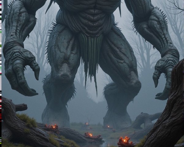Colossal Creature in Misty, Eerie Landscape