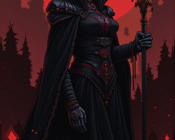 Mysterious Figure in Dark Forest Under Blood-Red Moon