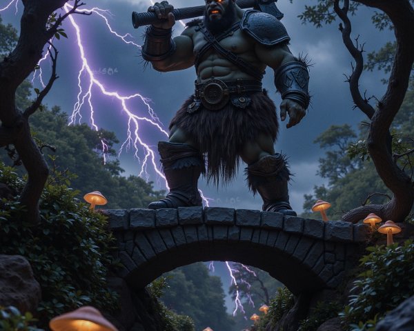 Orc Warrior on Stone Bridge with Stormy Background