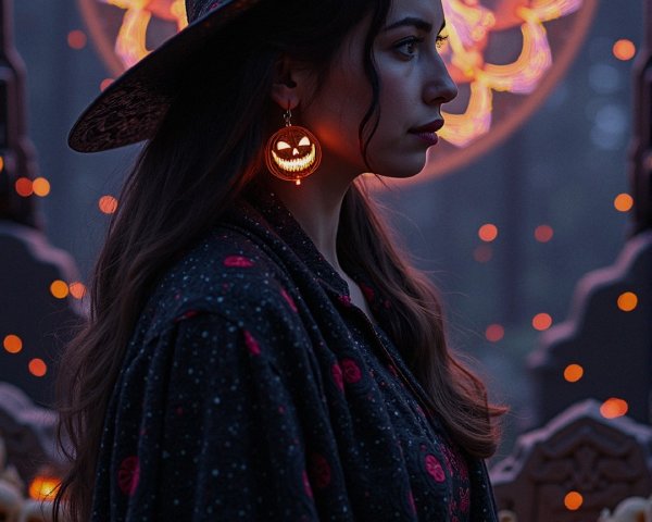 Young woman in witch's hat with glowing pumpkin earrings