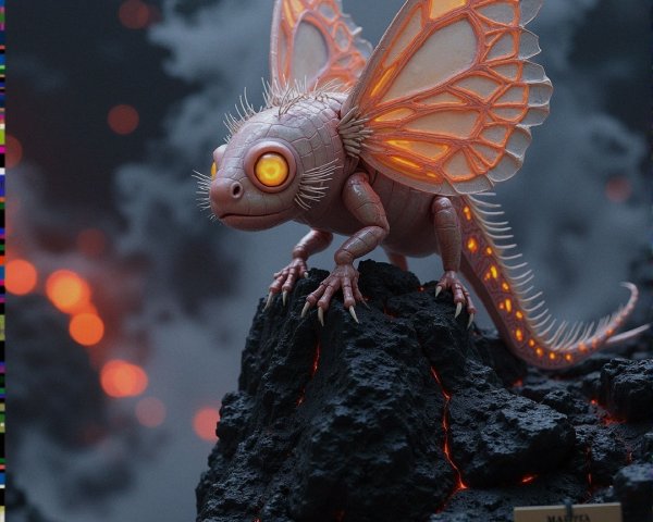 Fantastical Insect-like Creature in Fiery Landscape