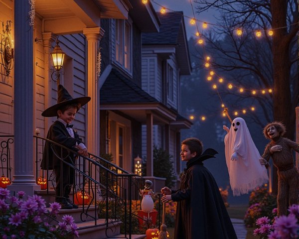 Halloween Scene with Costumed Children and Decorations