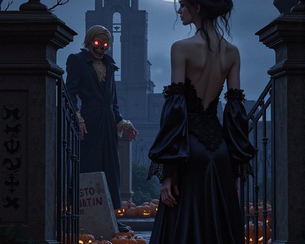 Woman in Black Gown at Graveyard with Ominous Figure