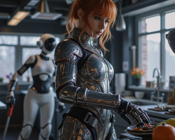Futuristic kitchen with armored woman and robot observer