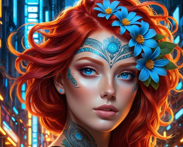 Young woman with red hair and facial tattoos in neon setting